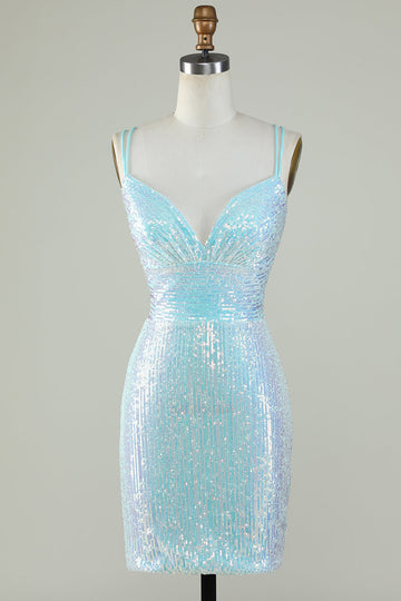 Bling Sheath Spaghetti Straps Light Blue Sequins Short Formal Dress with Criss Cross Back